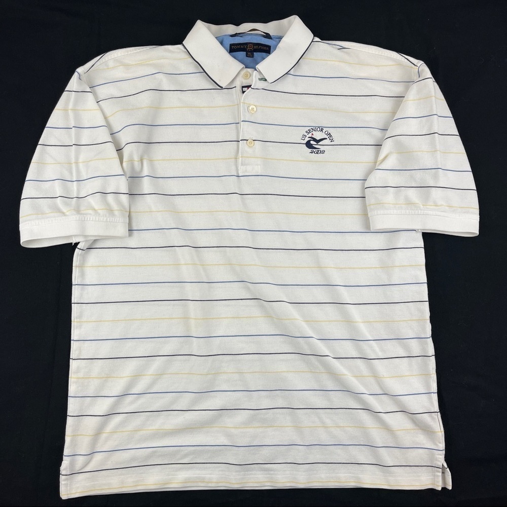 Tommy Hilfiger Polo Men XL White Striped US Senior Open 2002 Short Sleeve